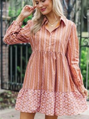 Pink lily back  Porch Breezes Brown Floral Striped Collared Dress ( size small)